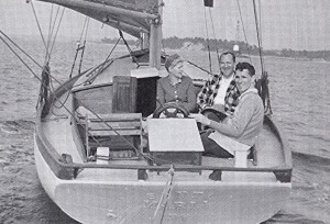 Anne and John with a friend on their Santa Maria on Long Island Sound. 