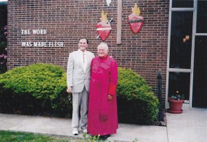 John Haffert and Msgr. John Engler, chaplain and long-time friend, in front of the Holy House at the Shrine. 