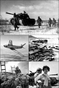 ontage of images from the Korean War. Clockwise from top: U.S. Marines retreating during the Battle of the Chosin Resevoir, U.N. landing at Incheon, Korean refugees in front of an American M-26 tank, U.S. Marines, led by First Lieutenant Baldomero Lopez, landing at Incheon, and an American F-86 Sabre fighter jet.